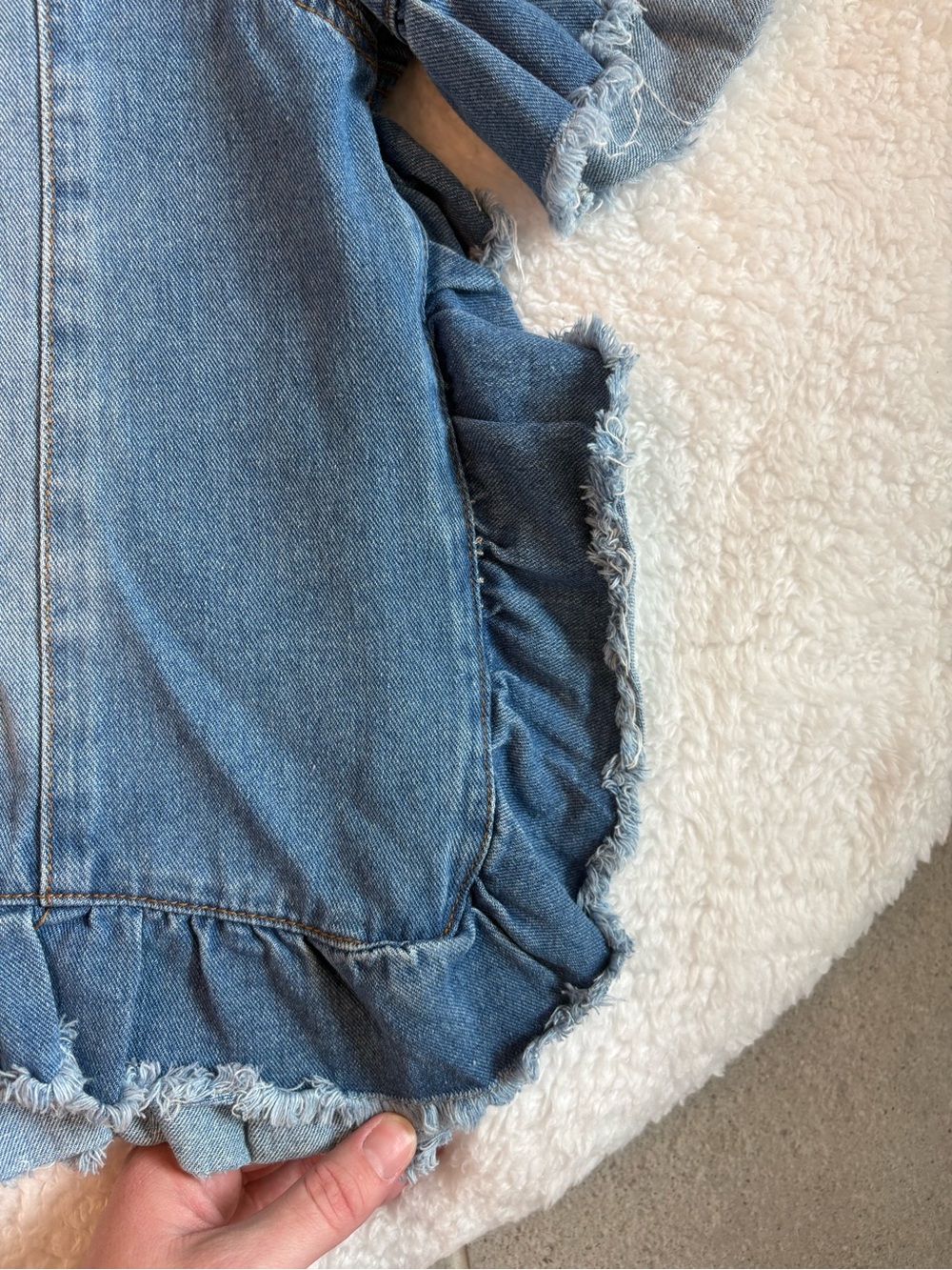Three Bird Nest Scottie Ruffle Denim Jacket S/M Cropped Boho Jean Jacket - Picture 7 of 12